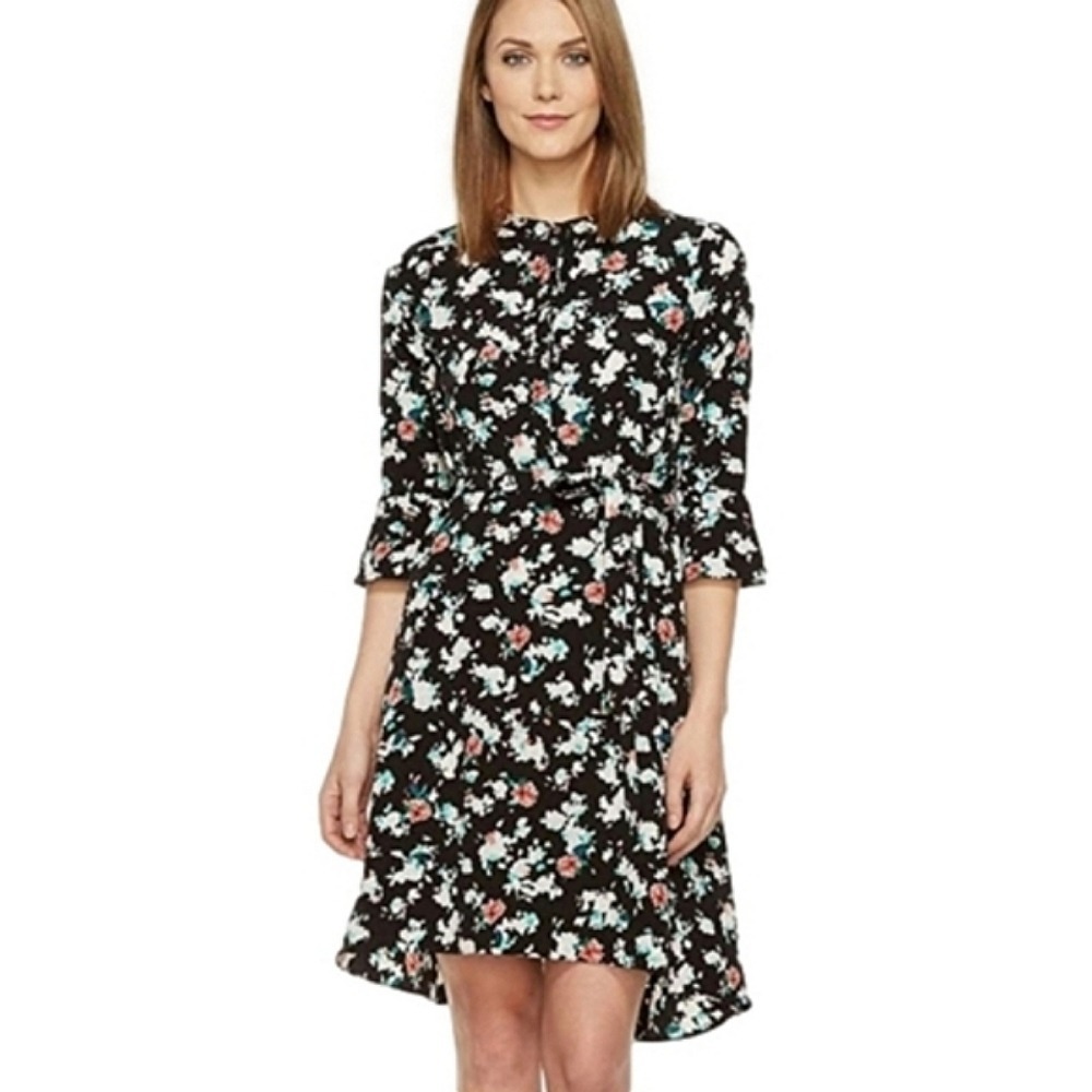NWT Ellen Tracy Women's Black Blooms Floral 3/4 Sleeve Shirt Dress 10